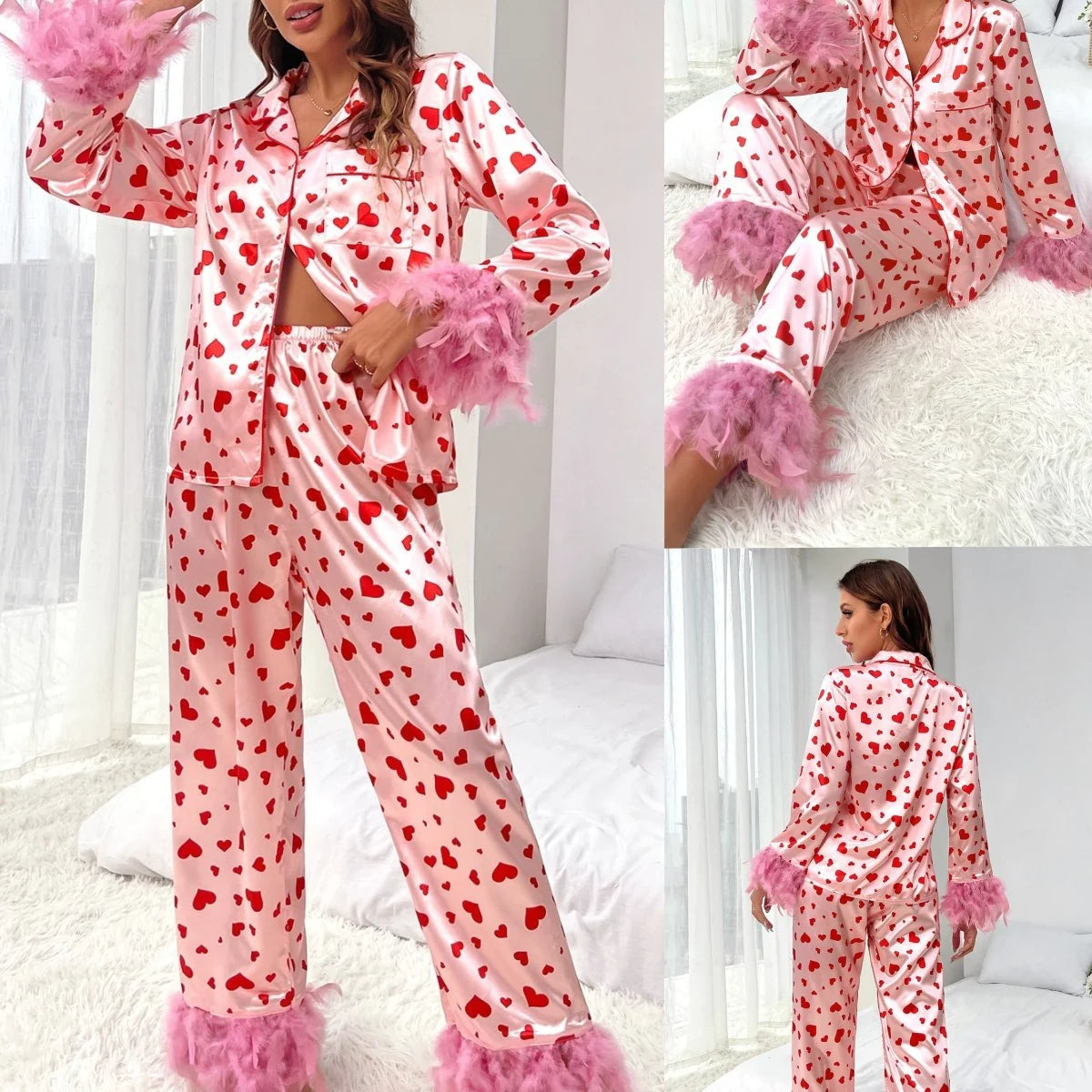Women Loving Heart Printed Casual Suit Pajamas Rieworkes