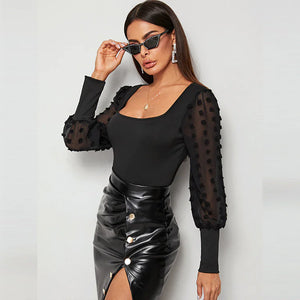 Slim Fit Square Collar Mesh Long Sleeve Bodysuit for Women Rieworkes