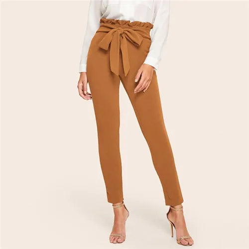 Elegant Frill Trim Bow Belted Detail Solid High Waist Pants Rieworkes
