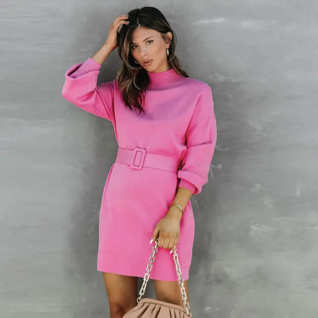 Elegant Turtleneck Sweater Dress with Belt Rieworkes
