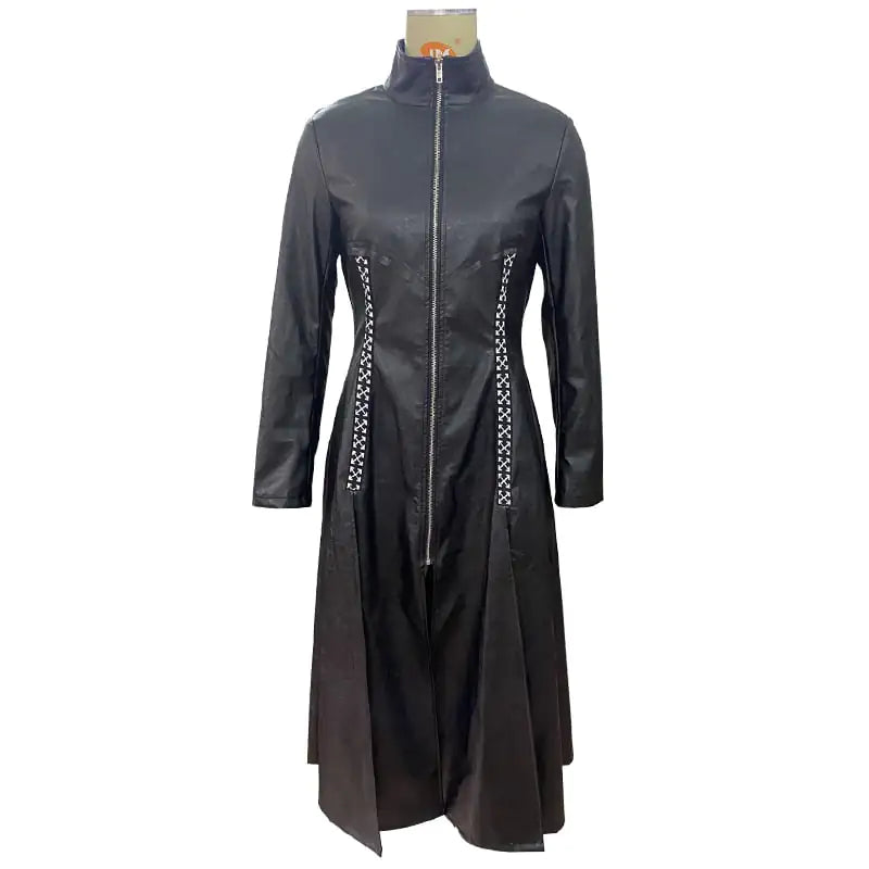 Women's Long PU Leather Jacket with Stand Collar Mimarta