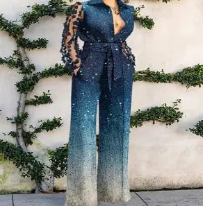 WOLFF Elegant Overalls with Lace Panel Flare Pants (One Set) Mimarta