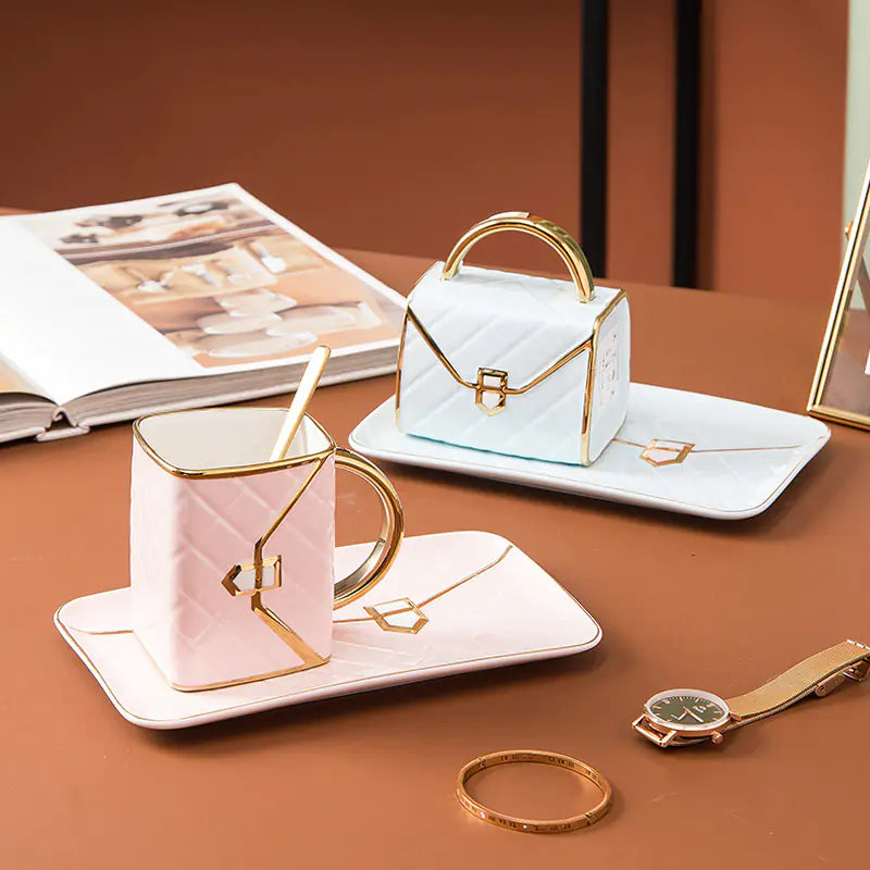 Creative Ceramic Coffee Mug and Saucer Set with Tray Mimarta
