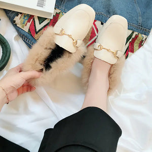 Fleece-Lined Flat Loafers with Rabbit Fur for Women Mimarta