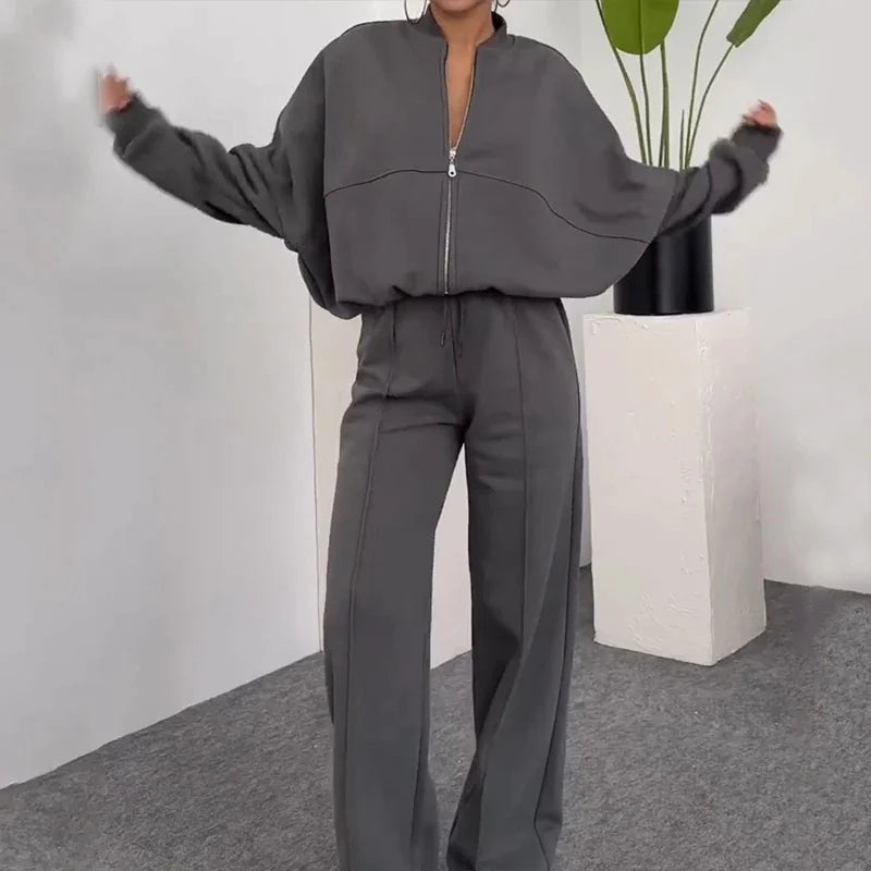 BASIC Solid Color Zip Sweater and Trousers Suit for Women Rieworkes