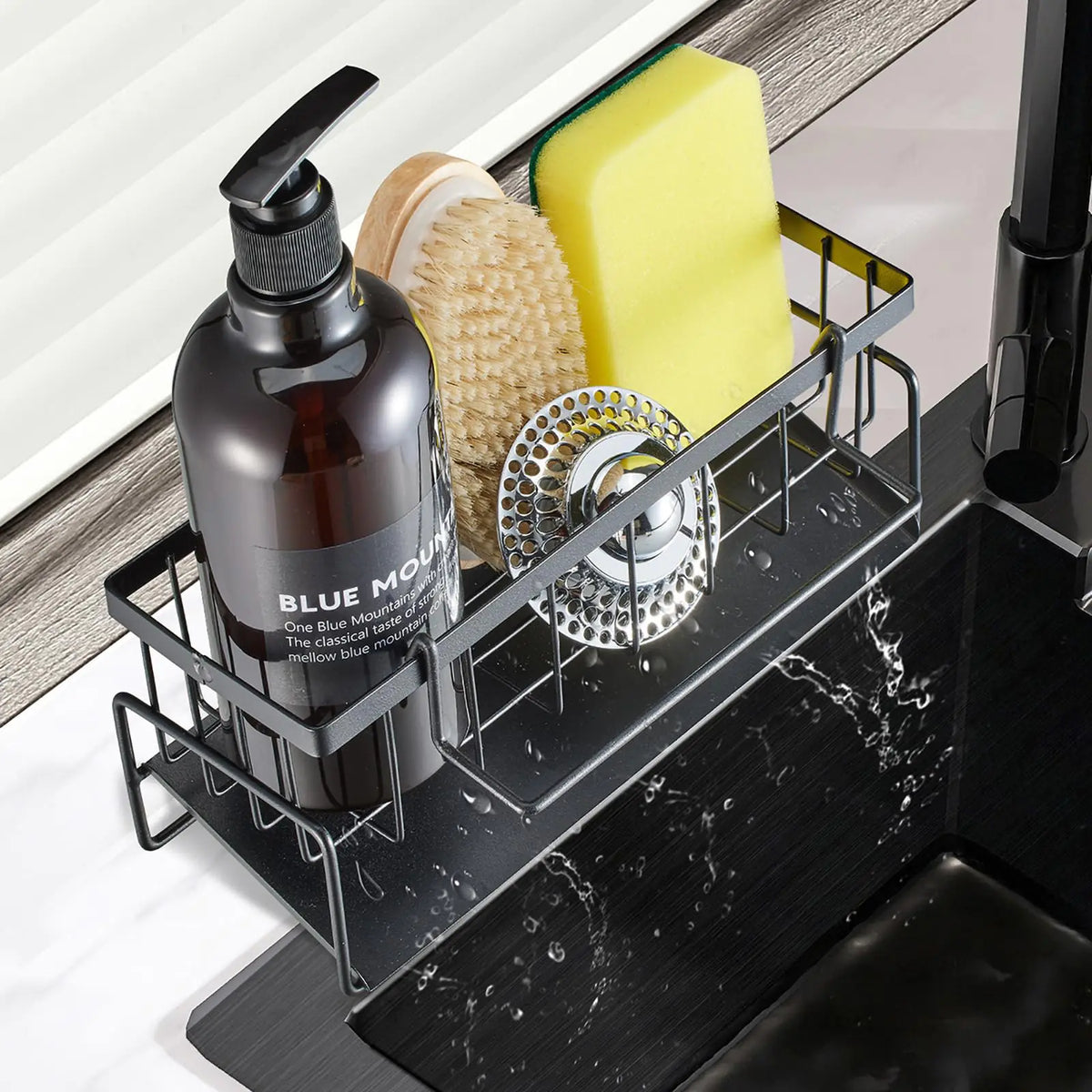 Sponge Holder for Kitchen Sink Sink Caddy with Auto Draining Tray Hanging Rod Rustproof Stainless Sink Caddy Kitchen Sink Organizer Kitchen Gadgets Soap Dispenser Kitchen Organizers and Storage Rieworkes