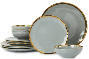 Pokini Ceramic Dinnerware Sets of 4 Porcelain Plates and Bowls Set Highly Chip and Crack Resistant Grey and Gold Rim Bone China Dishes Set Kitchen Decor Dishwasher & Oven Safe Mimarta