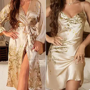 Cherry Print Satin Nightgown & Robe Set Rieworkes