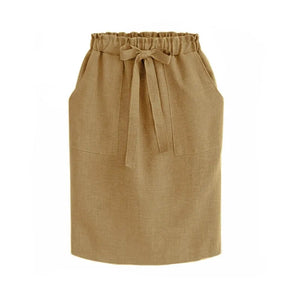 Women's Cotton Elastic Waist Bow Skirt - Summer/Autumn Midi Office Pencil Style (Green) Rieworkes