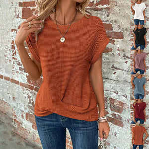 Chic and Comfy: Summer Solid Color Waffle Crew Neck Tee for Women Rieworkes