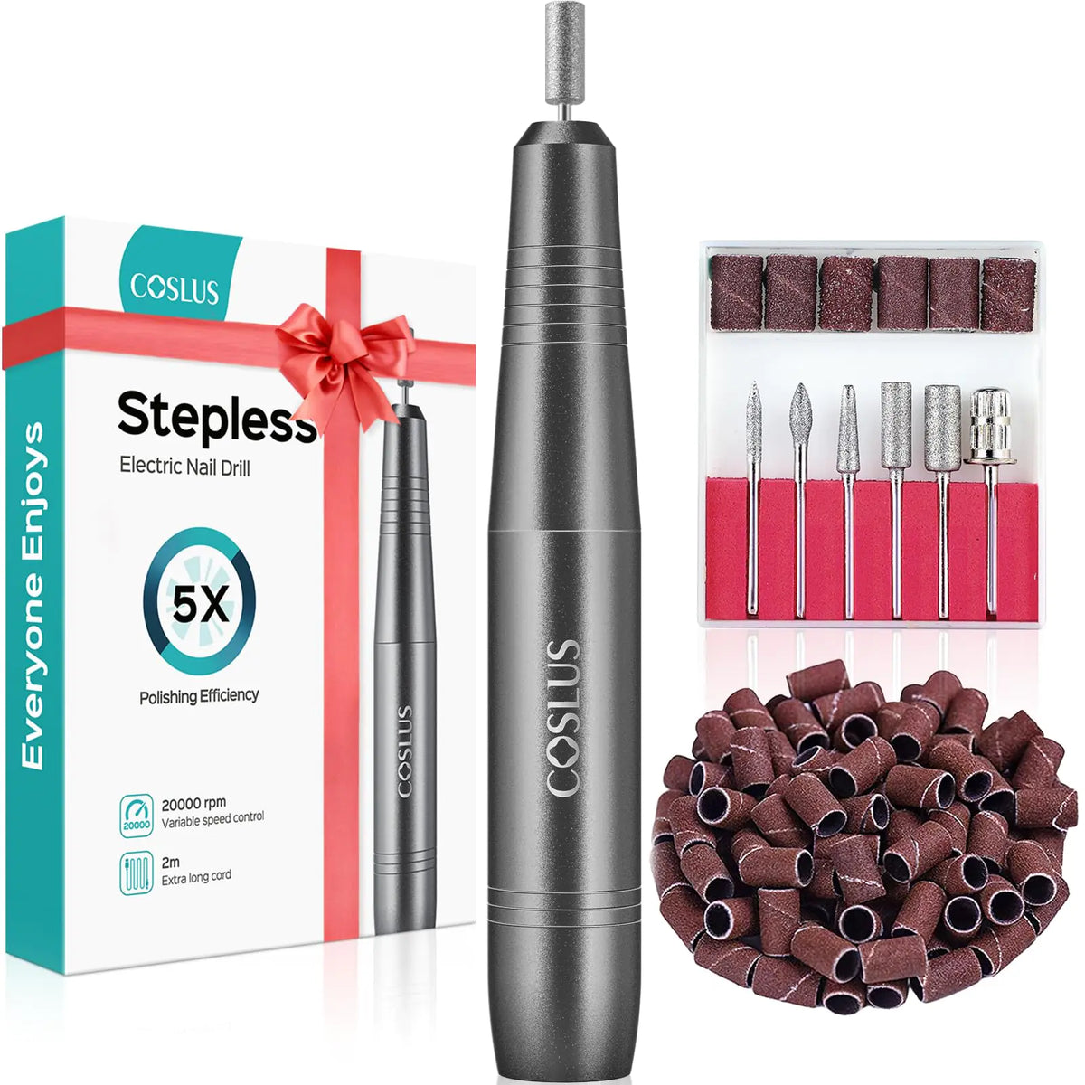 COSLUS Electric Nail Drill File Professional: for Acrylic Gel Dip Powder Nails Portable Nail Drill Machine Kit Manicure Pedicure Tools Polishing Set with Nail Drill Bits Sanding Bands Grey Rieworkes