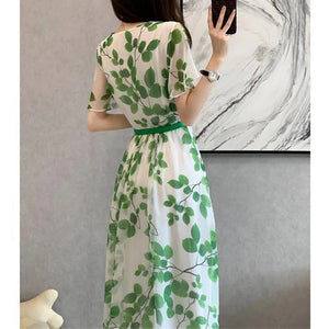 Women Summer Leaf Print Midi Dress Rieworkes