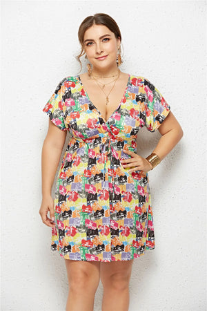 Printed Deep V-Neck Dress with Elastic Waist Mimarta