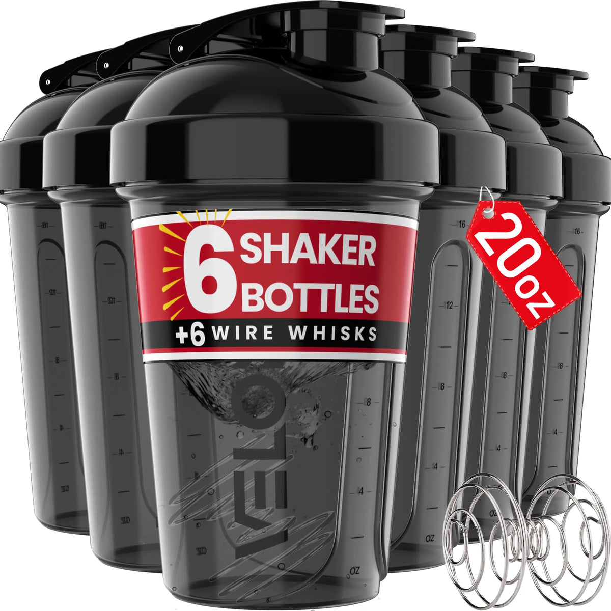 VELOMIX -6 PACK- 20 OZ Protein Shaker Bottles for Protein Mixes Shaker Cups for Protein Shakes Small Shaker Bottle Pack Shaker Cup Shakers for protein Shakes (20 OZ - 6 PACK BLACK) Mimarta