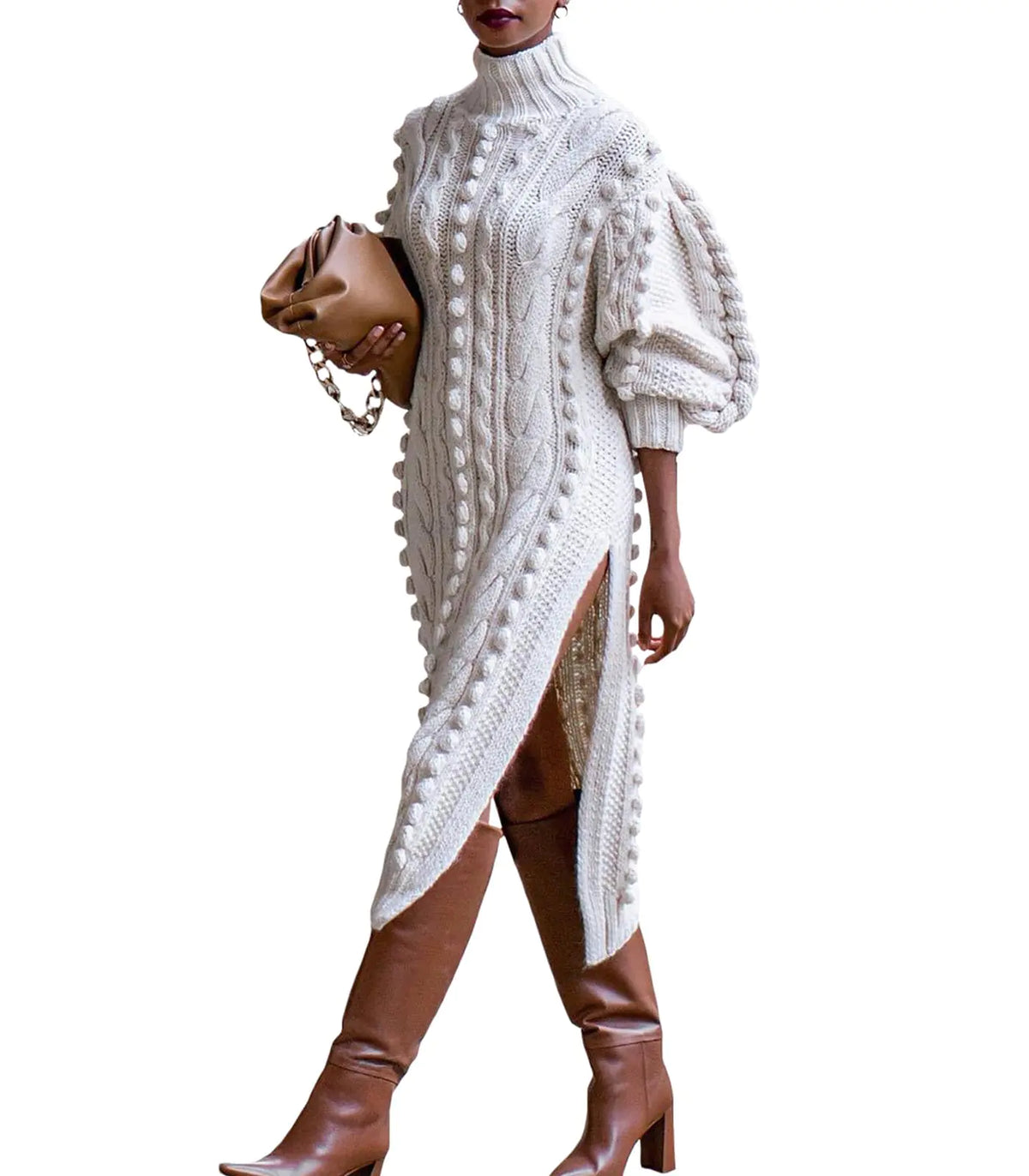 Angsuttc Knit Dresses for Women Textured Puff Sleeve High Neck High Slit Hem Long Sweater Dress White L Mimarta