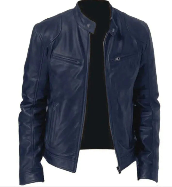 Men's Zip Cardigan PU Leather Jacket With Stand Collar Rieworkes