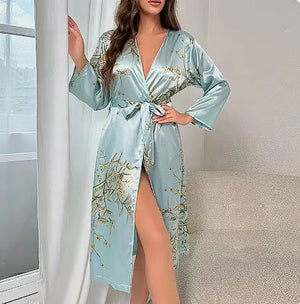 Cherry Print Satin Nightgown & Robe Set Rieworkes
