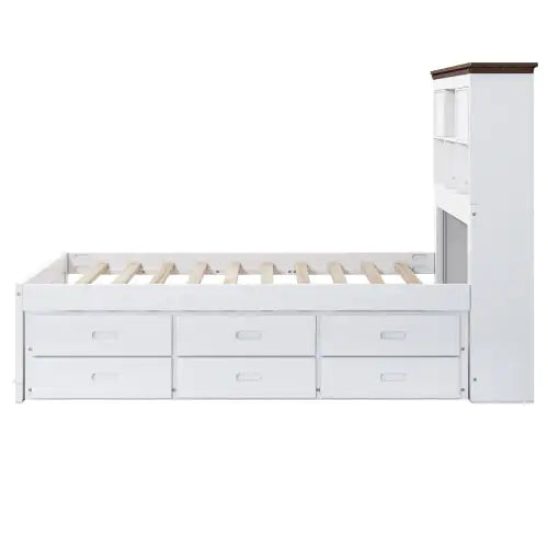 Solid Pine Captain Bookcase Bed With Trundle Bed And 3 Spacious Under Bed Drawers In Casual,Full, White Walnut Rieworkes