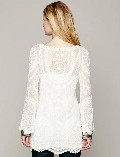 2021 hot sale flower pattern long sleeve loose hook beach dress women's hollow out sexy lace dress elegant sexy lace beach dress Rieworkes
