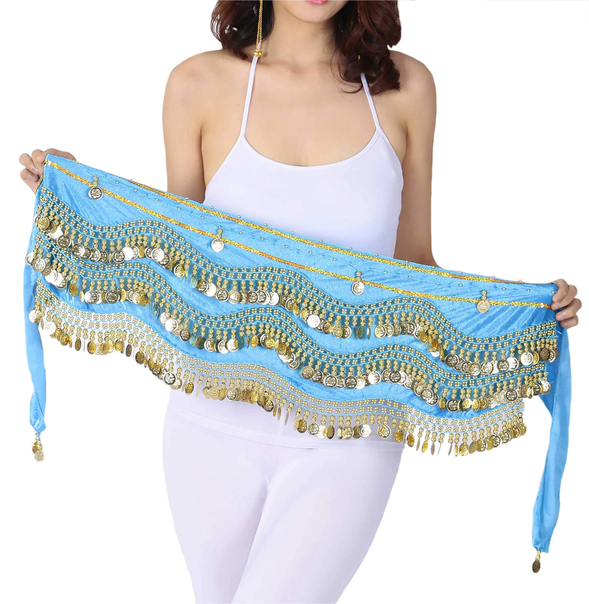 Lauthen.S 248 Gold Coins Belly Dance Hip Scarf Tribal Belt Halloween Gypsy Costume Accessory Blue Mimarta