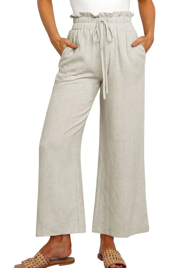 Elastic Waistband Lace-up Wide Leg Pants Solid Color Cropped Pants Rieworkes