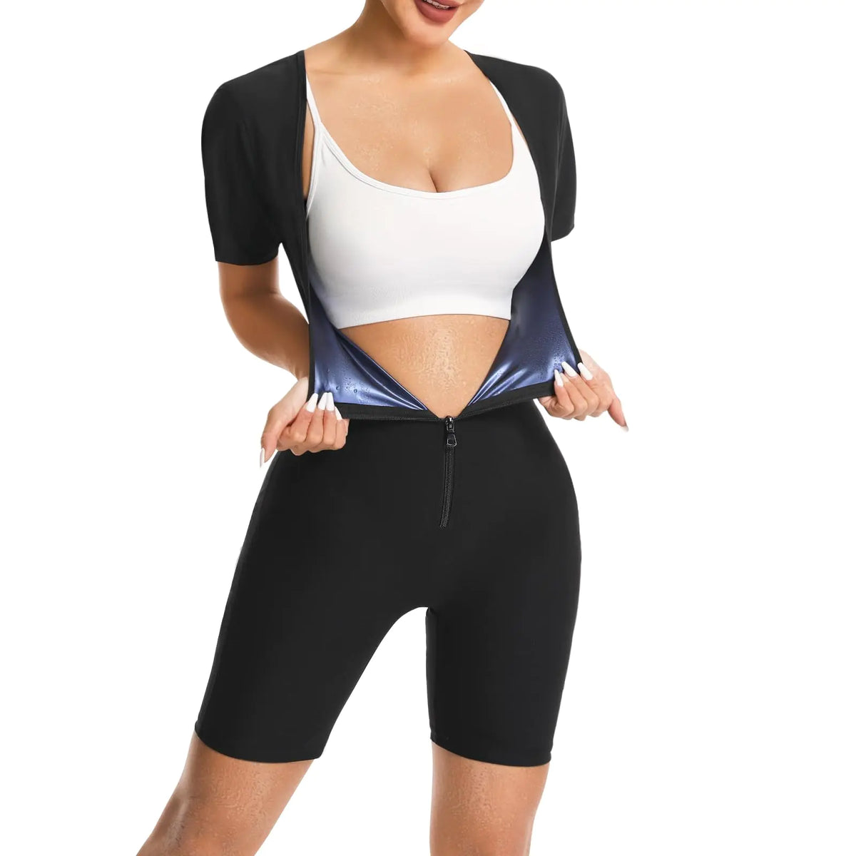 Vigorix Sauna Suit for Women Sweat Vest Waist Trainer 3 in 1 Full Body Shaper Workout Slimming Suit with Sleeve Shorts (blue XL) Mimarta