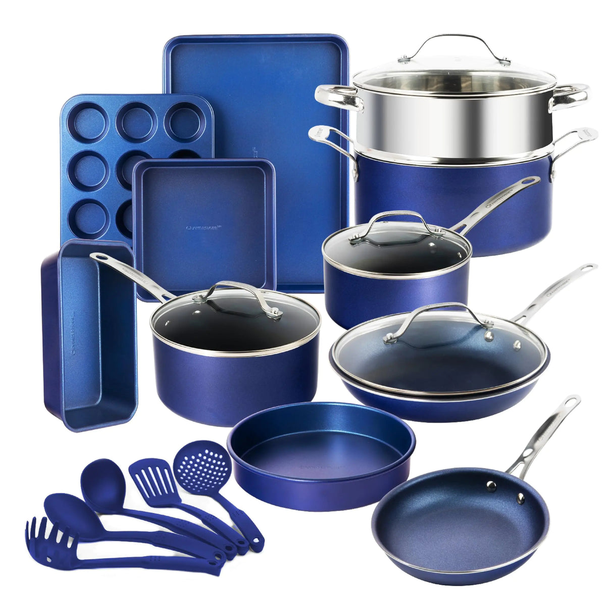 GRANITESTONE Blue 20 Pc Kitchen Pots and Pans Set Non Stick Cookware Set Kitchen Cookware Sets Granite Nonstick Cookware Set Diamond Coated Non Toxic Cookware Set Oven & Dishwasher Safe Rieworkes