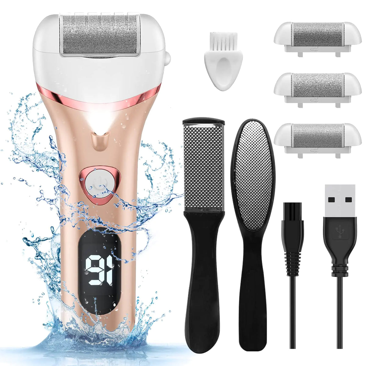 Electric Foot Callus Remover, Rechargeable Portable Electronic Foot File Pedicure Kits, Waterproof Foot Scrubber File, Professional Pedicure Tools, Foot Care for Dead Skin Ideal Gift, 3 Rollers Blue Rieworkes