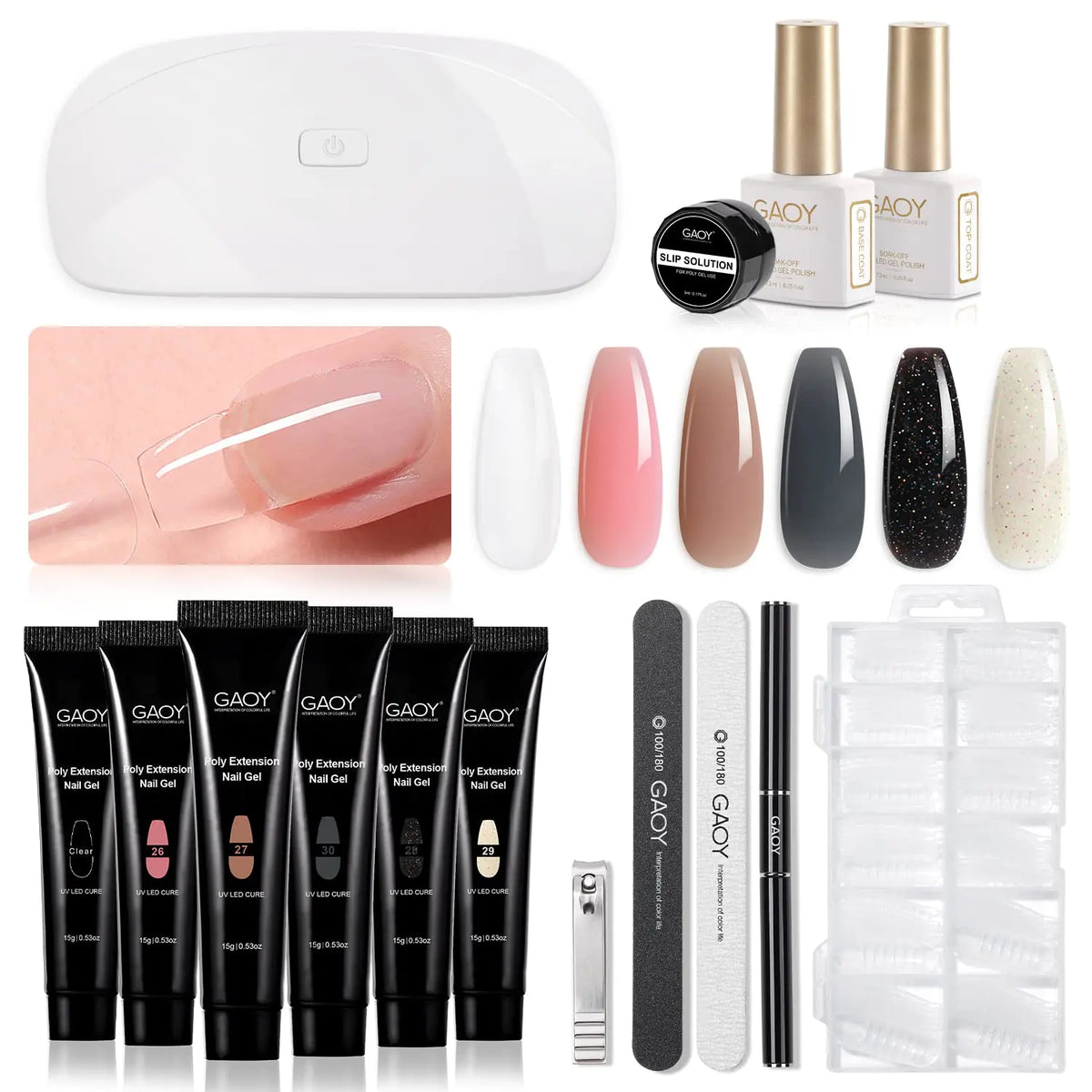 GAOY Poly Gel Nail Kit with U V Light Starter Kit, 6 Colors Nude Pink Black Builder Gel Nail Extension Kit for Beginners with Everything Nail Art DIY at Home Set C Rieworkes