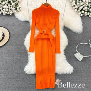 Turtleneck Sexy Wrap Hips Knitted Dresses Rieworkes