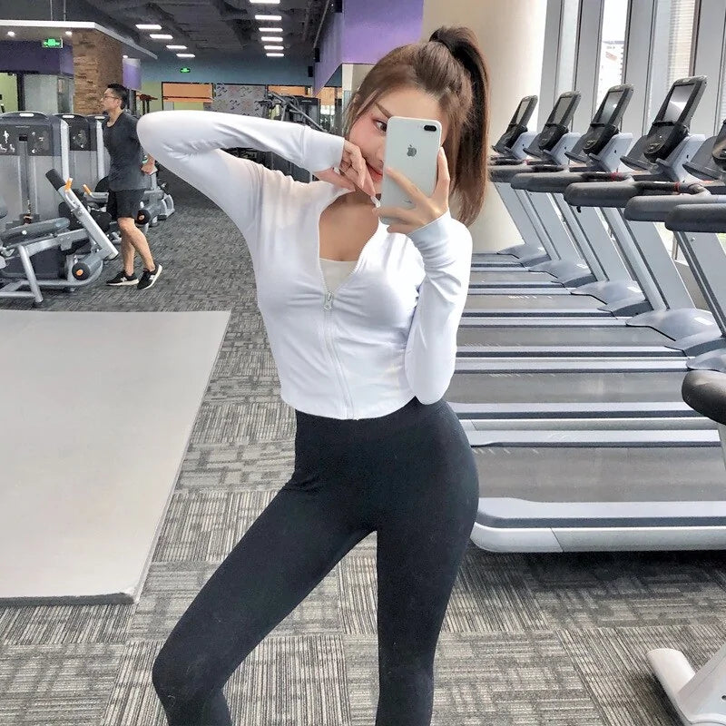 Women's Slim Zipper Sports Gym Running Long Sleeve Crop Tops Rieworkes