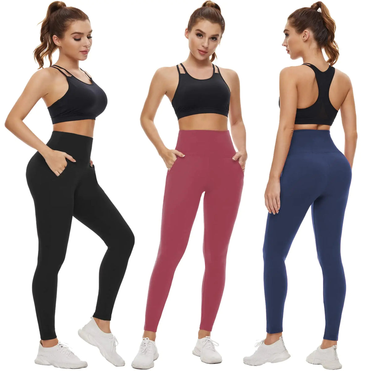 NEW YOUNG 3 Pack Leggings with Pockets for Women,High Waisted Tummy Control Workout Yoga Pants Small-Medium 3 Pack-c-black/Navy/Rose Pink Rieworkes