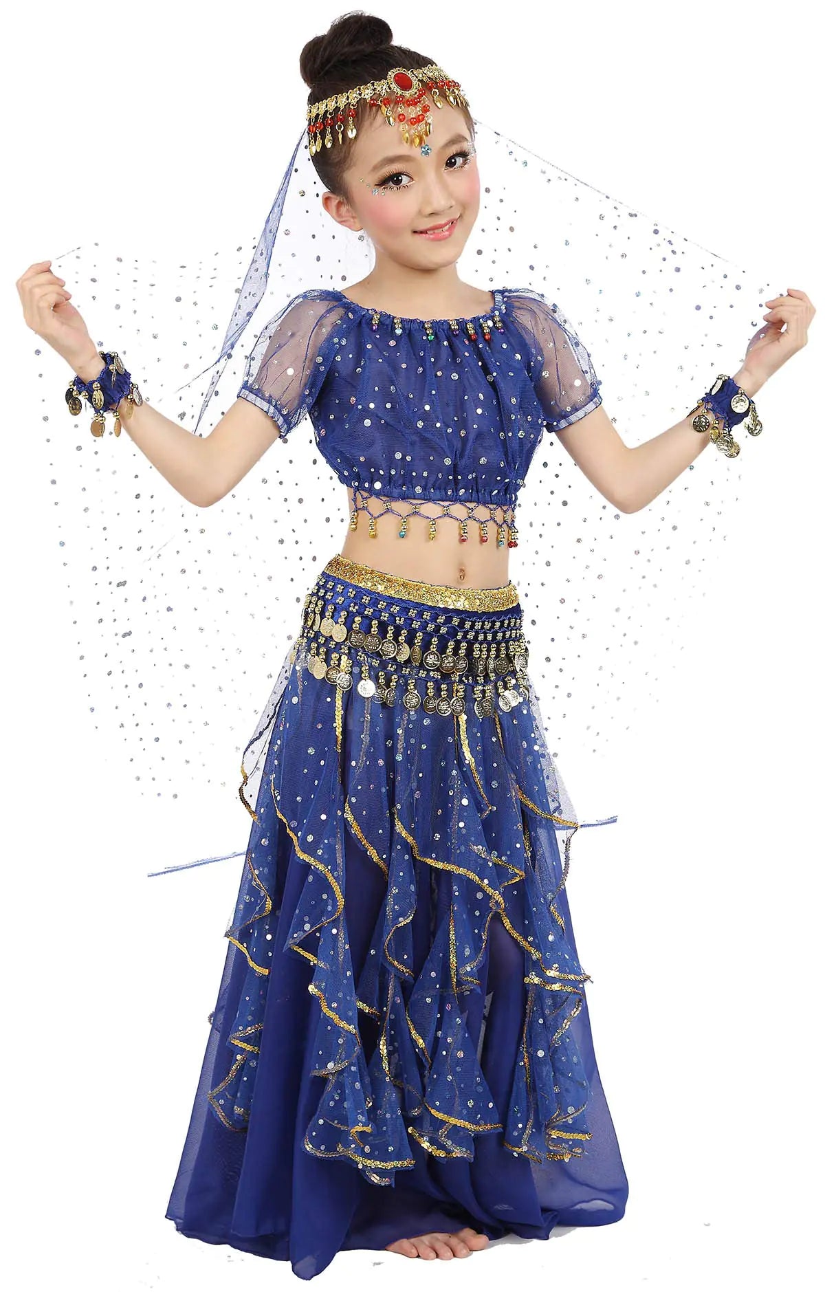 Girls Belly Dance Top Skirt Set Halloween Costume with Head VeilWaist Chain Dark Blue Mimarta