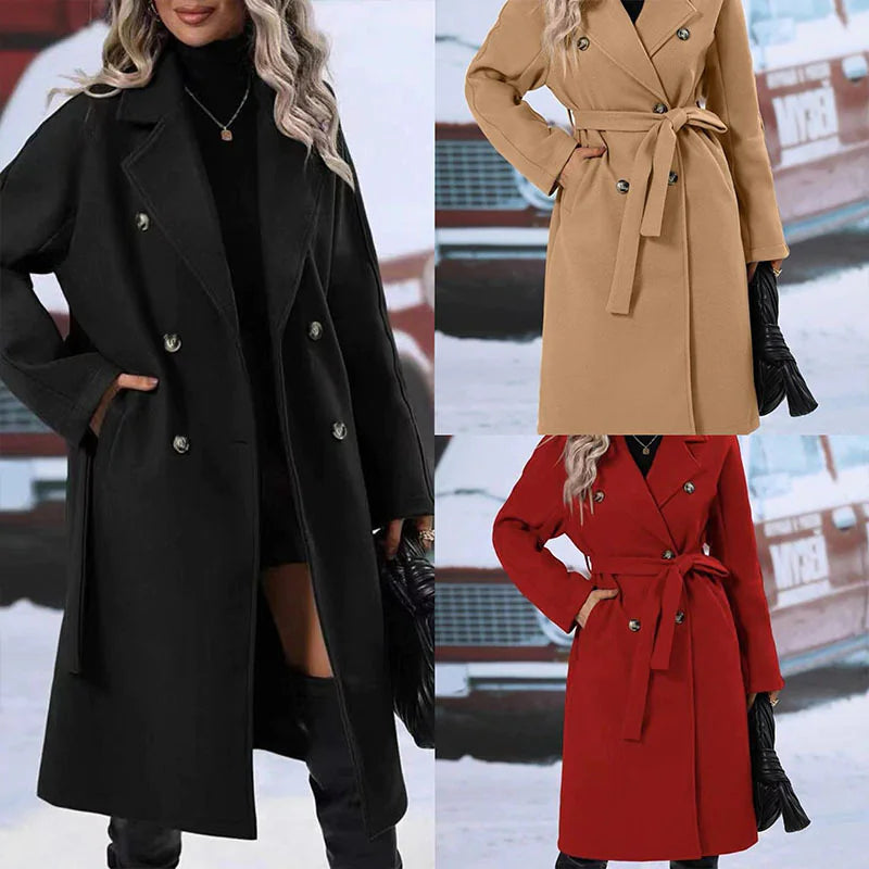 Women's Double-Breasted Trench Coat with Polo Collar and Lace-Up Belt: Thickened Solid Color Design Rieworkes