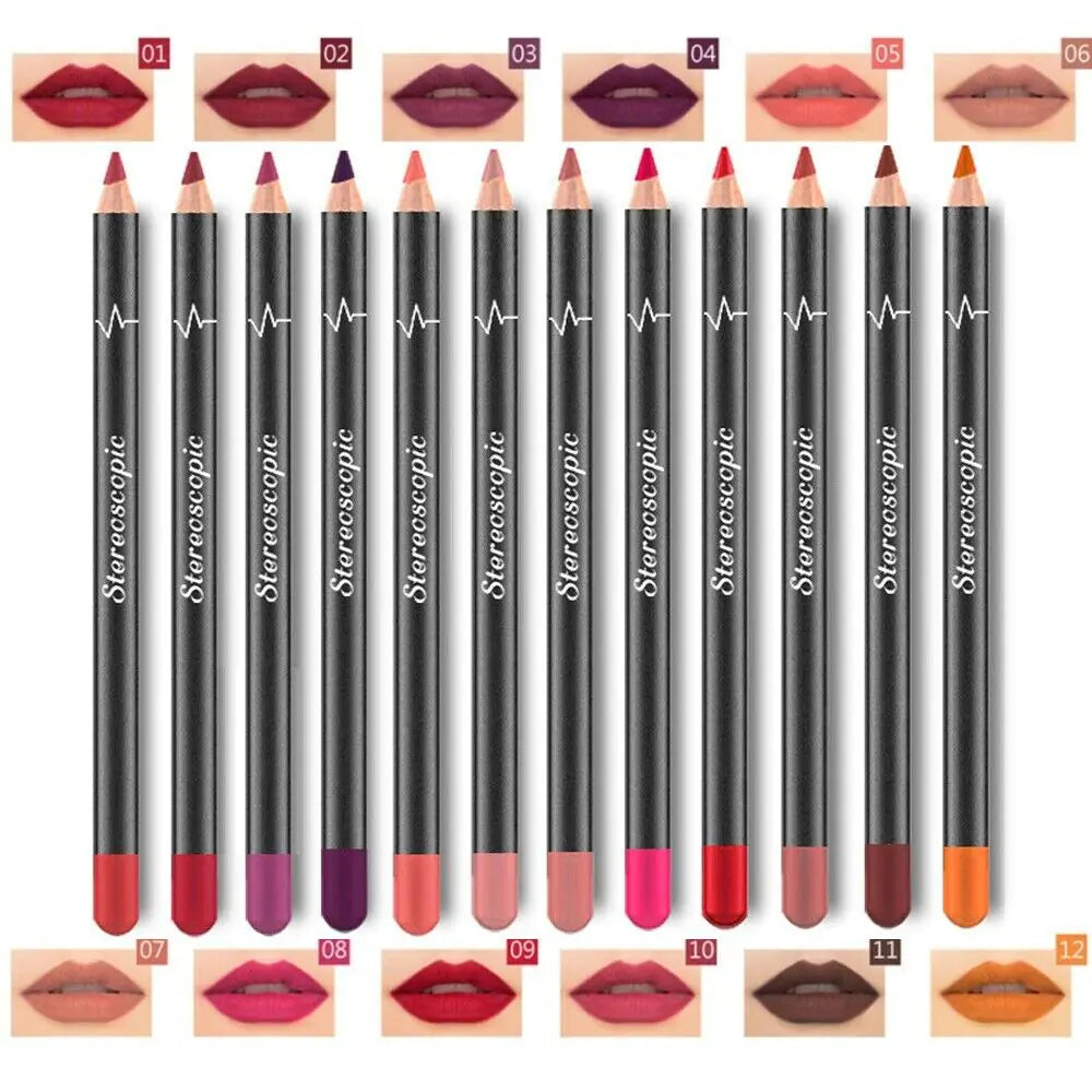12Pcs Women Waterproof Lipstick Long Lasting Matte Lip Liner Pencil Lip Pen Set Rieworkes