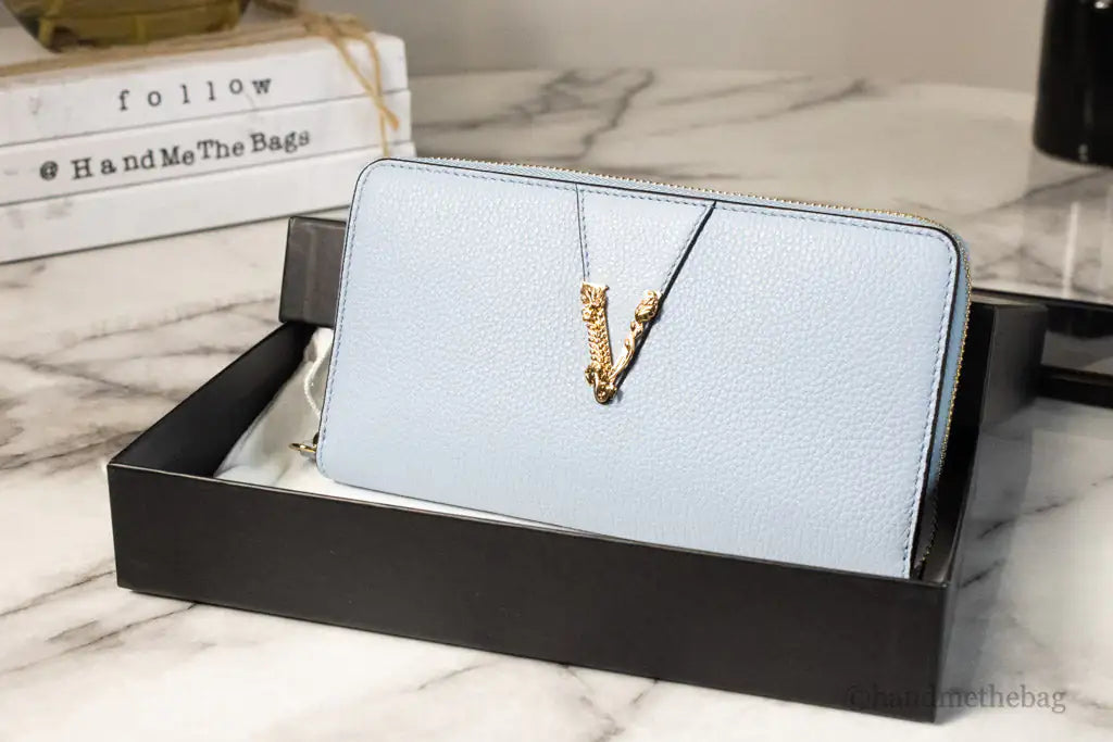 Versace Large Cornflower Leather Gold Monogram Zip Around Wallet Mimarta
