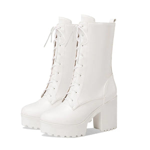 FOREADA White Platform Boots Goth Booties Combat Chunky Heel Boot Lace Lolita Dress Rave Bootie With Zipper Mimarta