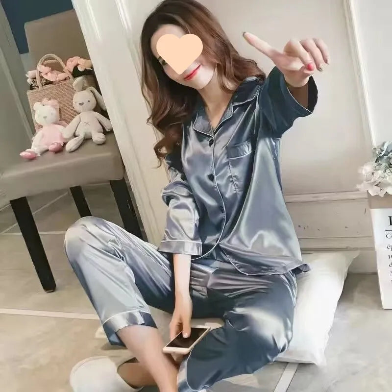 Women's Spring And Autumn Thin Long Sleeve Silk Homewear Two-piece Set Mimarta