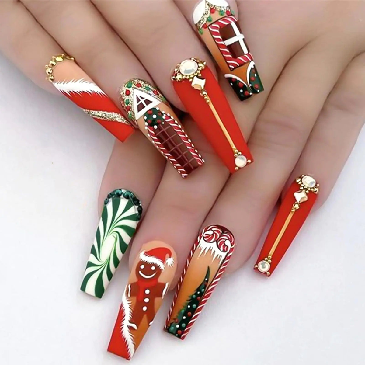 RUOKEXIN Christmas Press on Nails Long Coffin Fake Nails Red False Nails with Rhinestones Designs Christmas Nails Christmas Glue on Nails Christmas Artificial Nails Christmas Stick on Nails for Women Mimarta