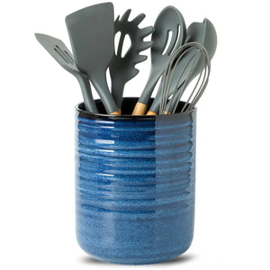 Hasense Kitchen Utensil Holder 7.4" x 6.2" Ceramic Utensil Holder for Countertop Stable Cooking Utensil Organizer Crock for Spatula Modern Kitchen Decor for Christmas Blue Mimarta