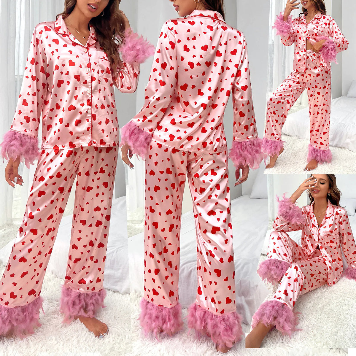 Women Loving Heart Printed Casual Suit Pajamas Rieworkes
