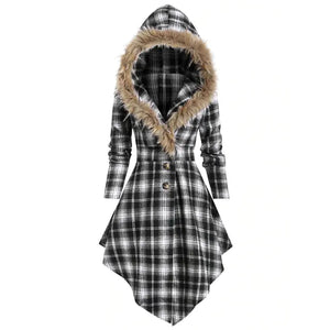 New Women's Winter Plaid Coat with Hood and Belt Mimarta
