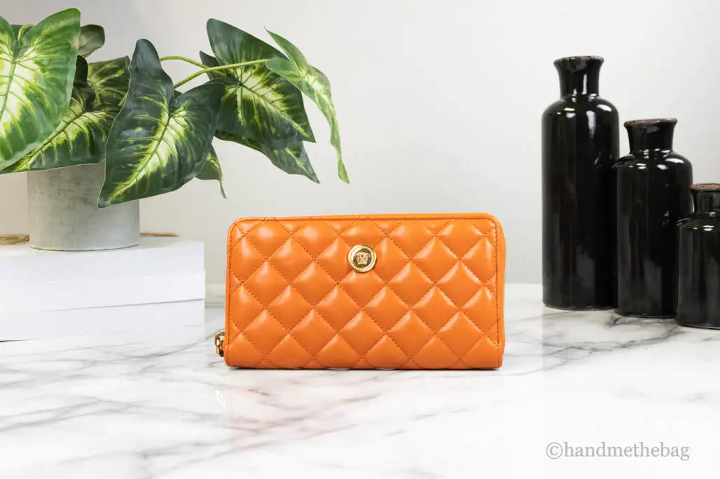 Versace Large Dark Orange Quilted Leather Continental Wallet Mimarta