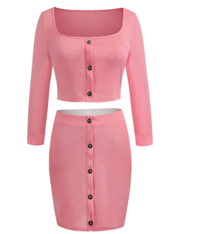 Buttoned Shoulder Off Long Sleeve Skirt Set Mimarta