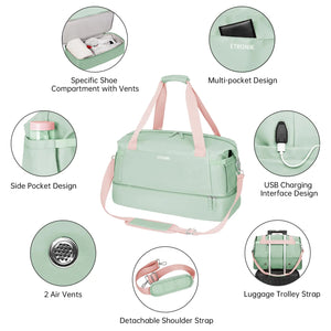 ETRONIK Gym Bag for Women, Travel Duffel Bag with USB Charging Port, Weekender Overnight Bag with Wet Pocket & Shoes Compartment for Women, Travel, Gym, Yoga (Green Pink) Medium Pink Green Rieworkes