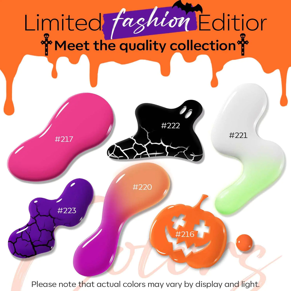 modelones Halloween Nail Polish Set 6 Colors, Boo-tiful Nightmare Collection with Stickers, Glow in the Dark White Crackle Black Purple Orange Hot Pink Quick Dry Nail Art Kit, Fall Gift for Women A1 Boo-tiful Nightmare Rieworkes