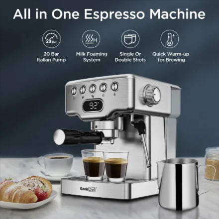 Geek Chef 20-Bar Espresso Maker with Milk Frother – Stainless Steel Espresso Machine for Lattes, Cappuccinos & More, 1.8L Tank Rieworkes