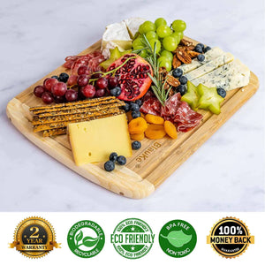 Large Wood Cutting Board for Kitchen 14x11 inch - Bamboo Chopping Board with Juice Groove - Wooden Serving Tray Rieworkes