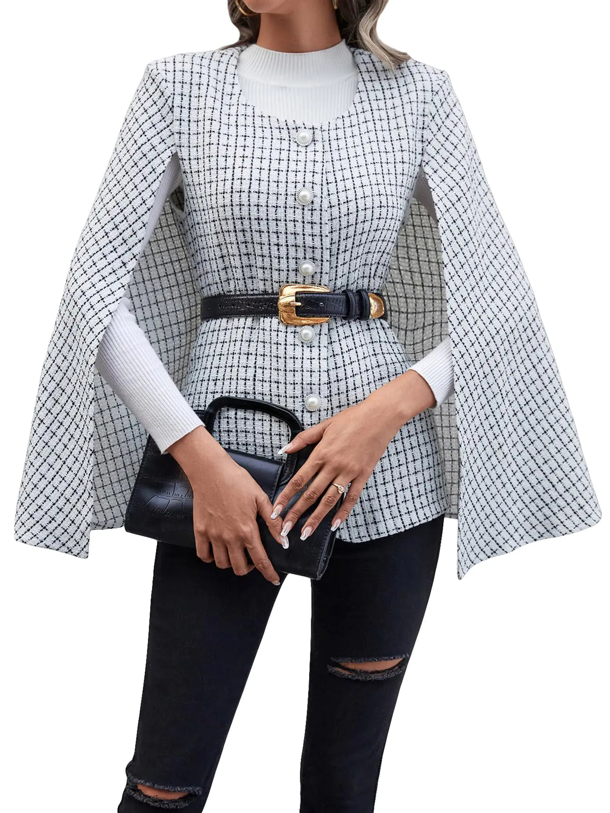 WDIRARA Womens Plaid Print Cloak Sleeve Round Neck Button Front Jacket Blazer Cape Coat White XL Rieworkes