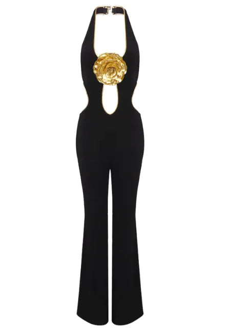 Golden Bloom Halter Backless Jumpsuit Rieworkes